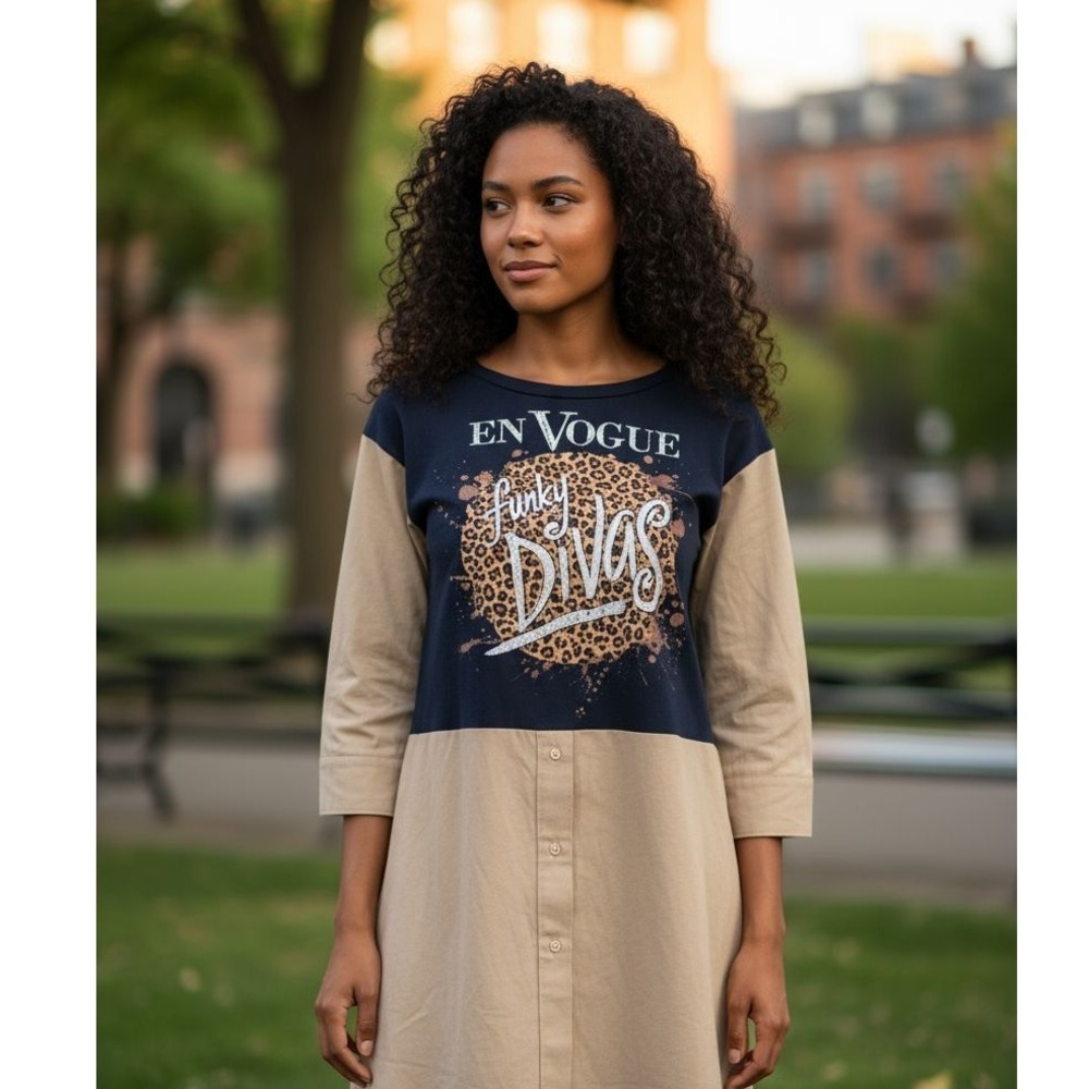 Upcycled Next Level Apparel En Vogue Funky Divas Graphic‎ T-Shirt Dress Medium